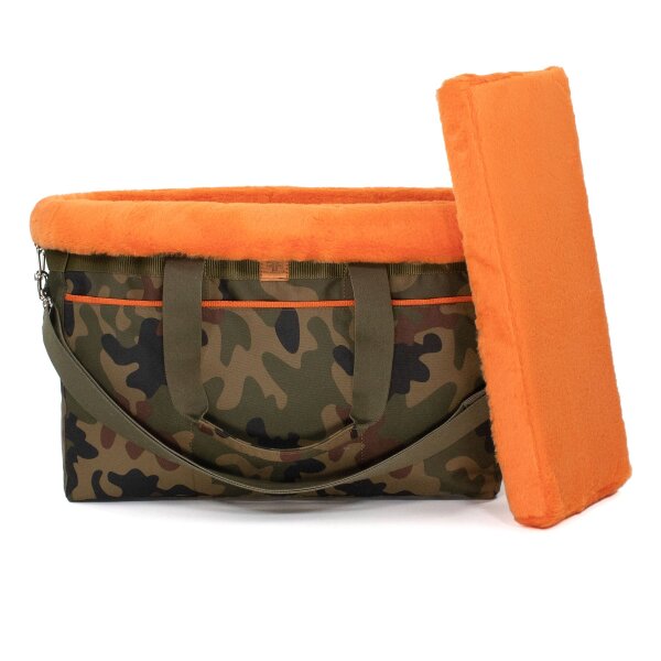 Hundetasche Travel-Bag Camo-Orange M / mit Kaltschaumplatte / mit Kuscheldecke